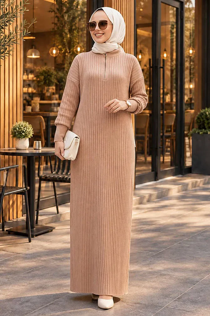 Fitilli Bisküvi Tesettür Triko Elbise 60481BS - 1