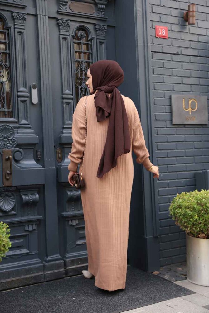 Fitilli Bisküvi Tesettür Triko Elbise 60481BS - 4