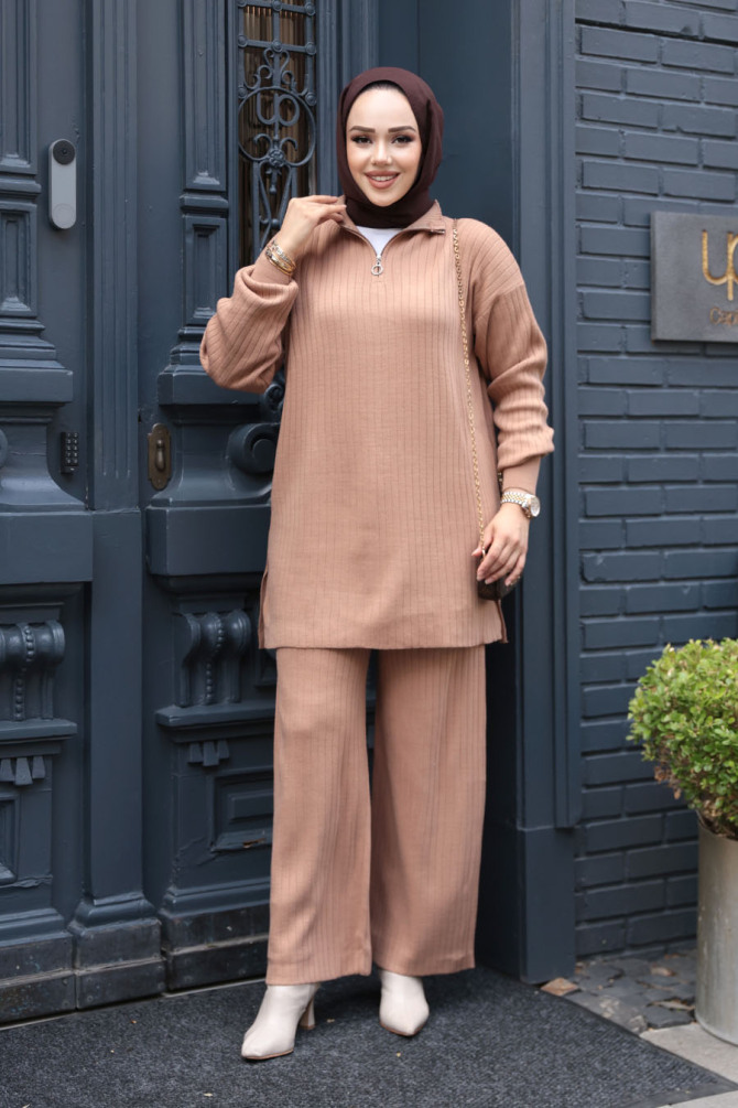 Fitilli Bisküvi Tesettür Triko İkili Takım 60381BS - 1