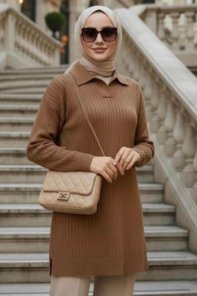 Fitilli Bisküvi Tesettür Triko Kazak Tunik 65903BS - 1