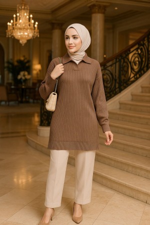 Fitilli Bisküvi Tesettür Triko Tunik 65903BS - 1