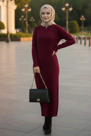 Fitilli Bordo Tesettür Triko Elbise 33672BR 