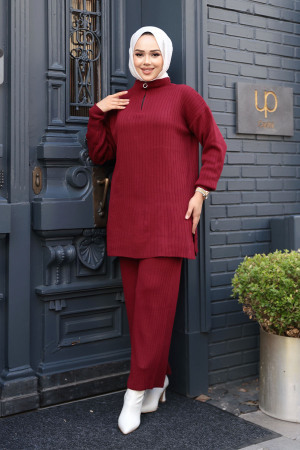 Fitilli Bordo Tesettür Triko İkili Takım 60381BR 