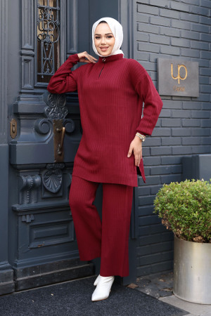 Fitilli Bordo Tesettür Triko İkili Takım 60381BR - 2