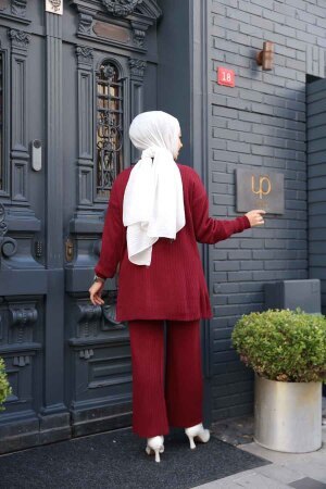 Fitilli Bordo Tesettür Triko İkili Takım 60381BR - 3