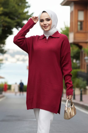 Fitilli Bordo Tesettür Triko Kazak Tunik 65903BR 