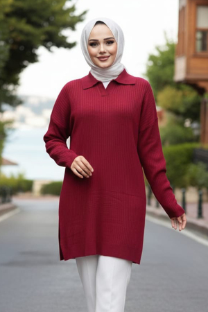 Fitilli Bordo Tesettür Triko Kazak Tunik 65903BR - 2