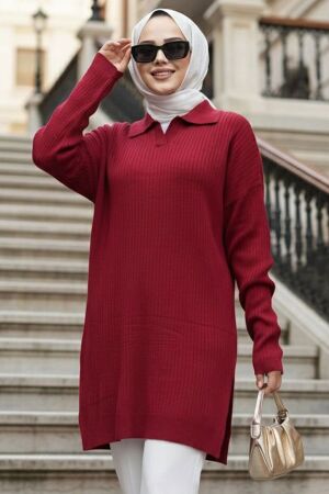Fitilli Bordo Tesettür Triko Kazak Tunik 65903BR 