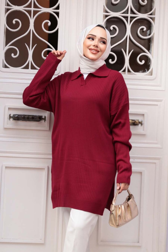 Fitilli Bordo Tesettür Triko Tunik 65903BR - 2