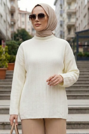 Fitilli Ekru Tesettür Triko Kazak 8844E - 1