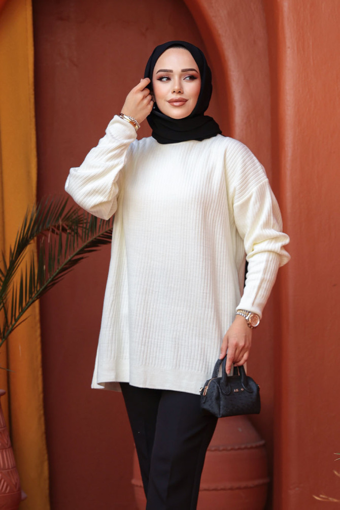 Fitilli Ekru Tesettür Triko Kazak Tunik 29141E - 1