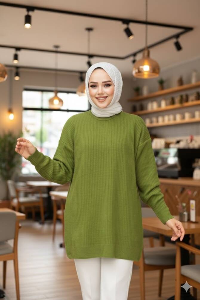 Fitilli Fıstık Yeşili Tesettür Triko Kazak Tunik 29141FY - 1