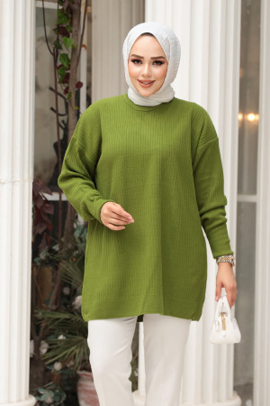 Fitilli Fıstık Yeşili Tesettür Triko Kazak Tunik 29141FY - 2