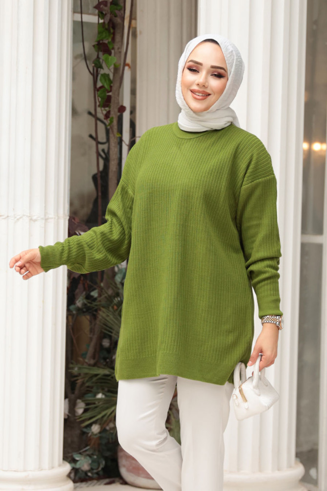 Fitilli Fıstık Yeşili Tesettür Triko Kazak Tunik 29141FY - 3