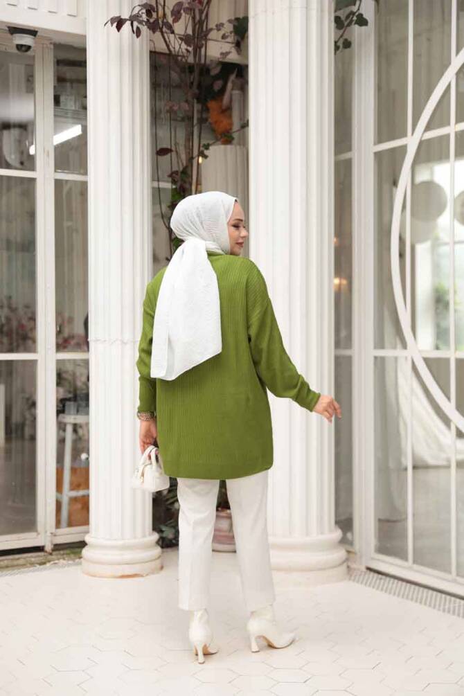 Fitilli Fıstık Yeşili Tesettür Triko Kazak Tunik 29141FY - 4
