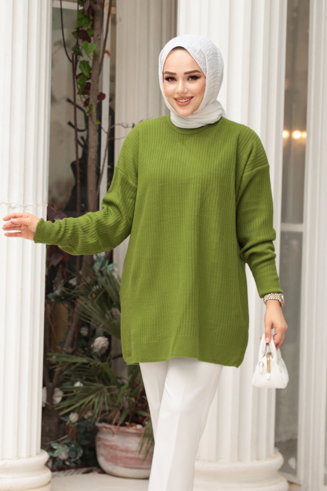 Fitilli Fıstık Yeşili Tesettür Triko Kazak Tunik 29141FY - N.S NEVA STYLE