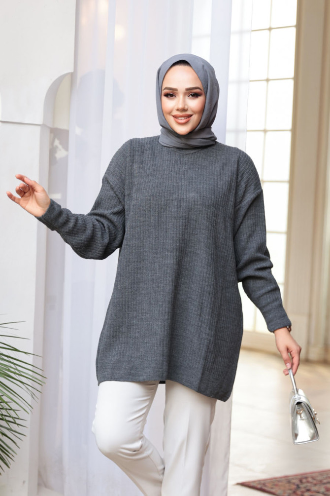Fitilli Füme Tesettür Triko Kazak Tunik 29141FU - 1