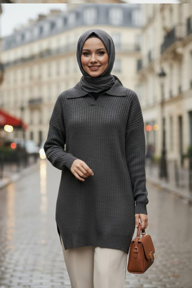 Fitilli Füme Tesettür Triko Kazak Tunik 65903FU - 1