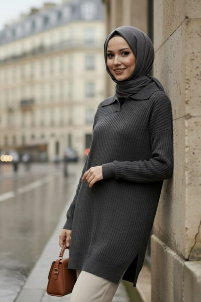 Fitilli Füme Tesettür Triko Kazak Tunik 65903FU - 1