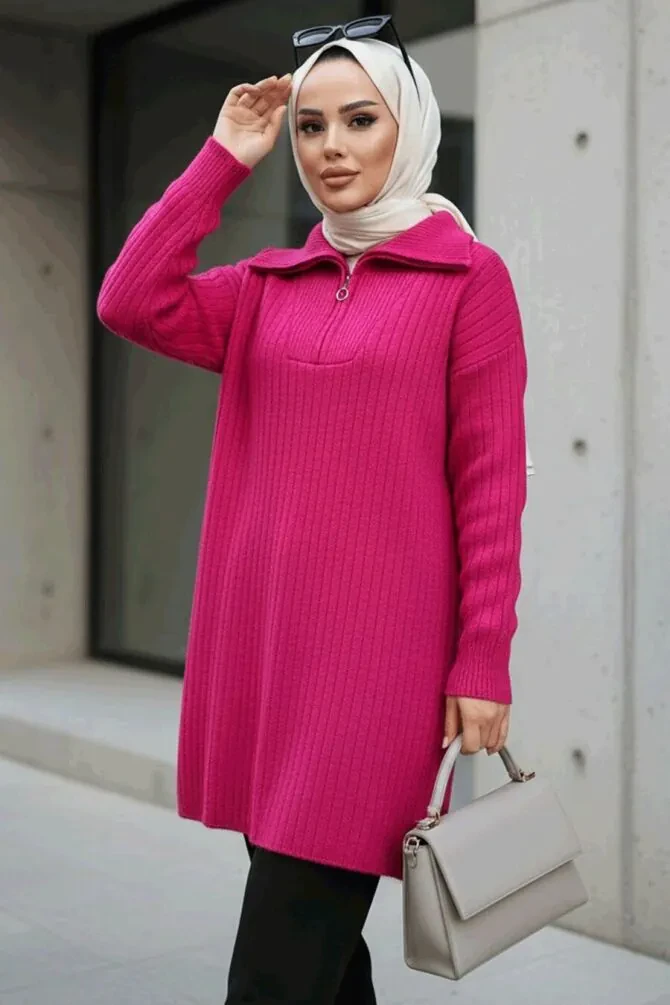  Fitilli Fuşya Tesettür Triko Kazak Tunik 85521F - 1