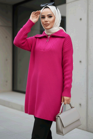  Fitilli Fuşya Tesettür Triko Kazak Tunik 85521F 