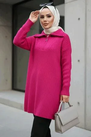  Fitilli Fuşya Tesettür Triko Kazak Tunik 85521F 