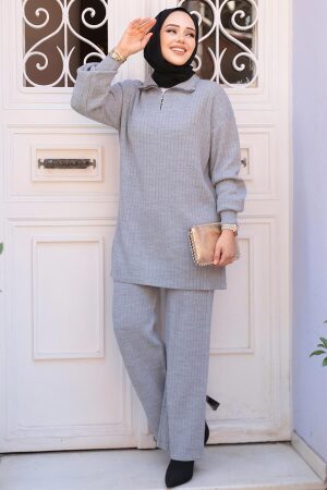 Fitilli Gri Tesettür Triko İkili Takım 60381GR - 3