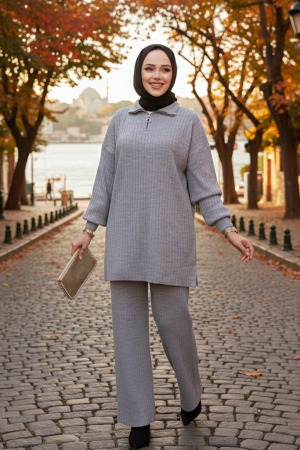 Fitilli Gri Tesettür Triko İkili Takım 60381GR 