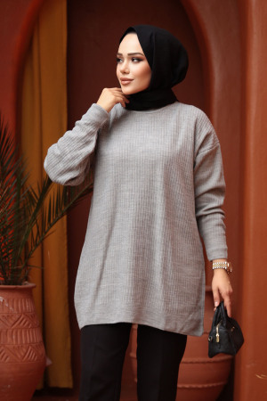 Fitilli Gri Tesettür Triko Kazak Tunik 29141GR - 2