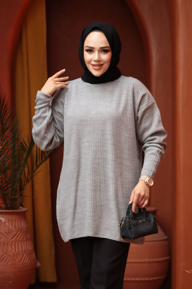 Fitilli Gri Tesettür Triko Kazak Tunik 29141GR - 1