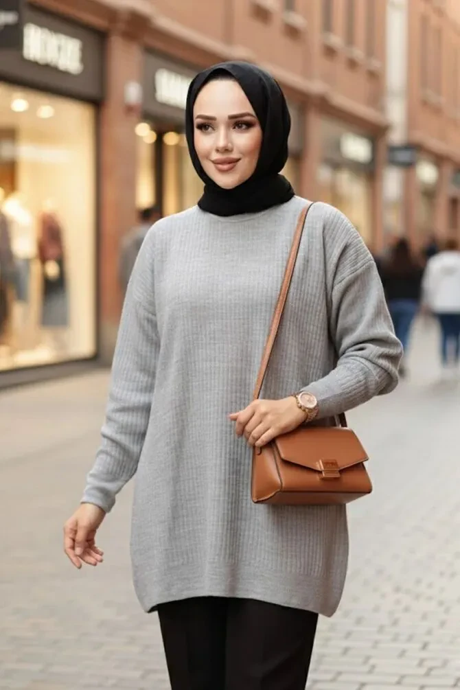 Fitilli Gri Tesettür Triko Kazak Tunik 29141GR - 1