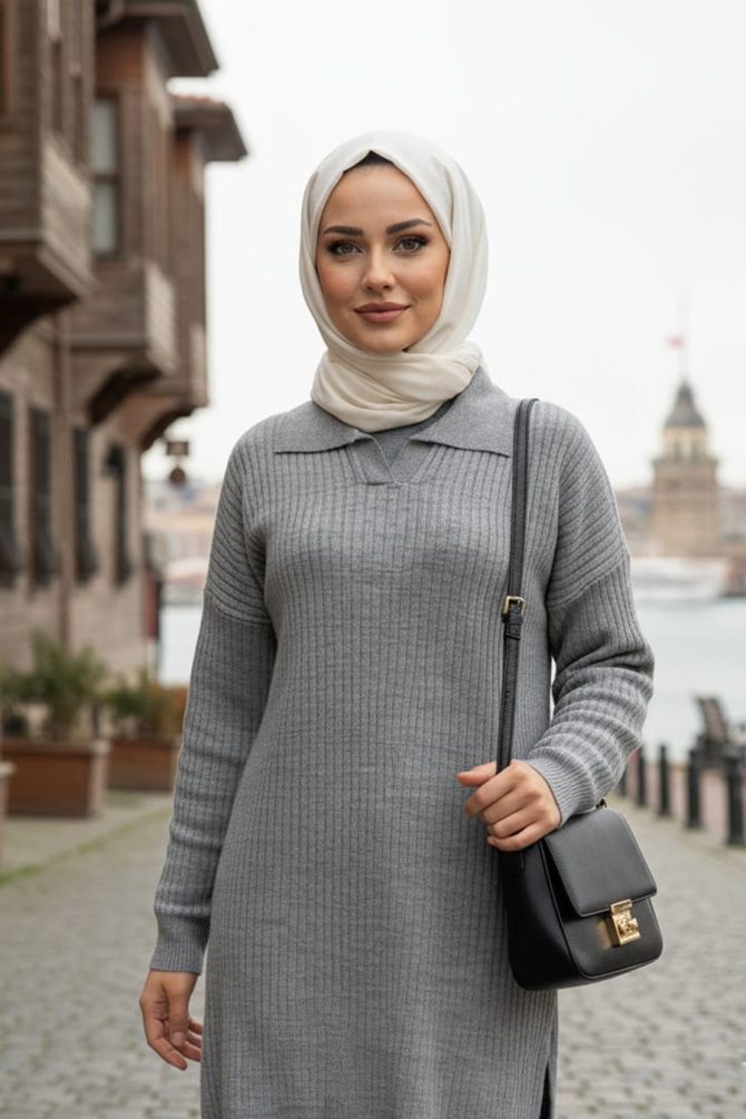 Fitilli Gri Tesettür Triko Kazak Tunik 65903GR - 1