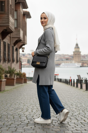 Fitilli Gri Tesettür Triko Kazak Tunik 65903GR - 2