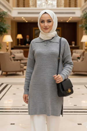 Fitilli Gri Tesettür Triko Kazak Tunik 65903GR 