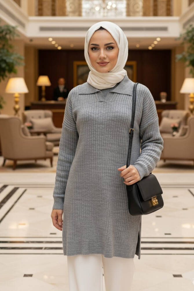 Fitilli Gri Tesettür Triko Kazak Tunik 65903GR - 1