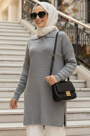 Fitilli Gri Tesettür Triko Kazak Tunik 65903GR 