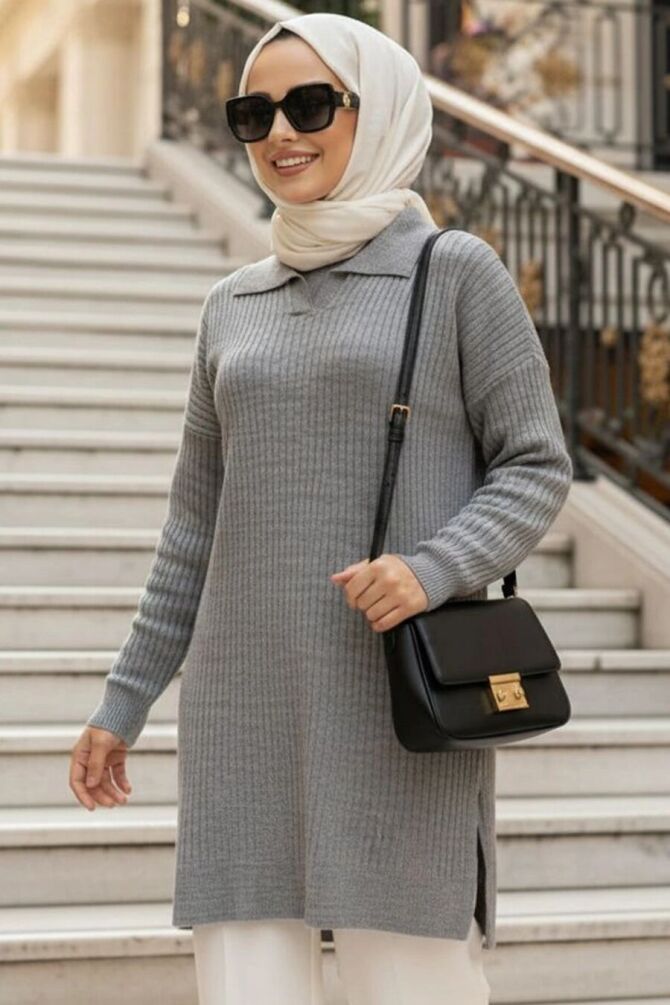 Fitilli Gri Tesettür Triko Kazak Tunik 65903GR - 1