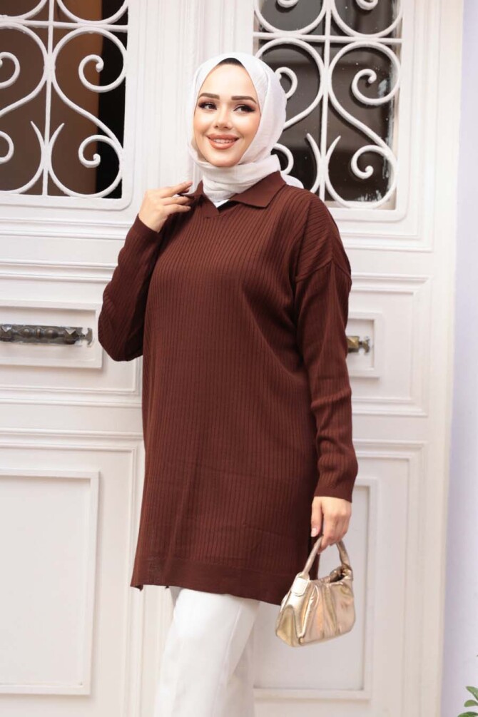 Fitilli Koyu Kahverengi Tesettür Triko Tunik 65903KKH - 2