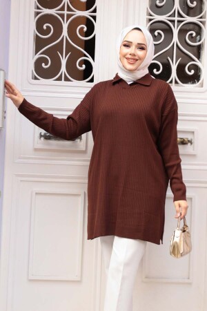 Fitilli Koyu Kahverengi Tesettür Triko Tunik 65903KKH - 1