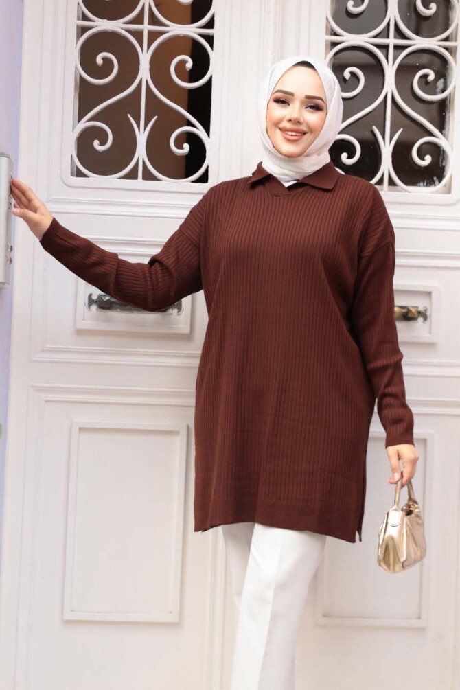Fitilli Koyu Kahverengi Tesettür Triko Tunik 65903KKH - 1