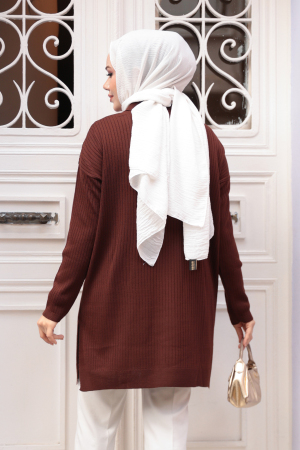 Fitilli Koyu Kahverengi Tesettür Triko Tunik 65903KKH - 3