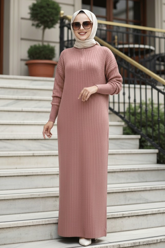 Fitilli Gül Kurusu Tesettür Triko Elbise 60481GK - N.S NEVA STYLE