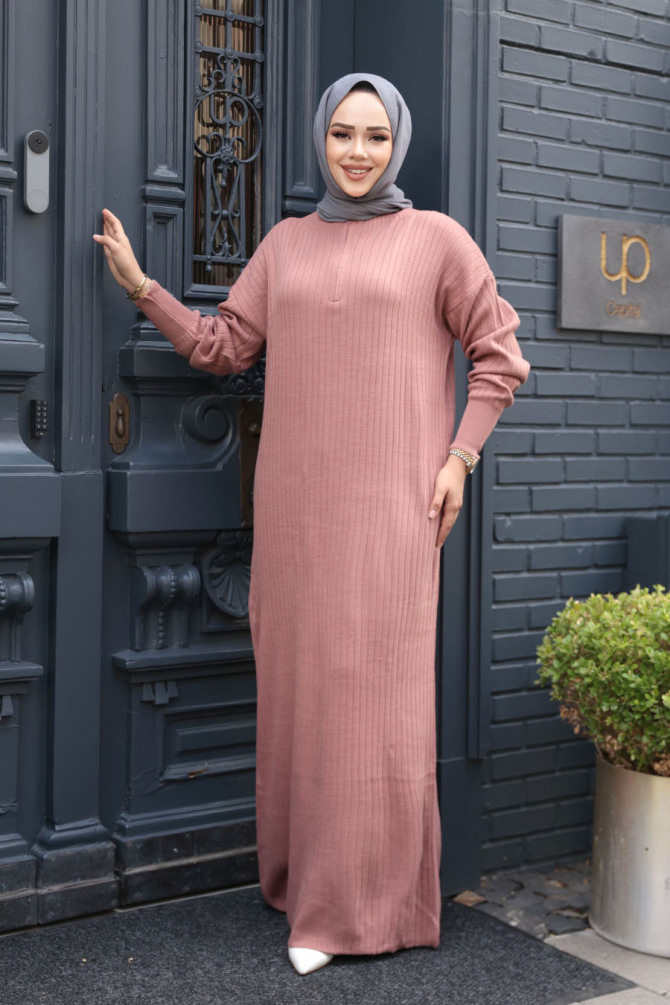 Fitilli Gül Kurusu Tesettür Triko Elbise 60481GK - 1