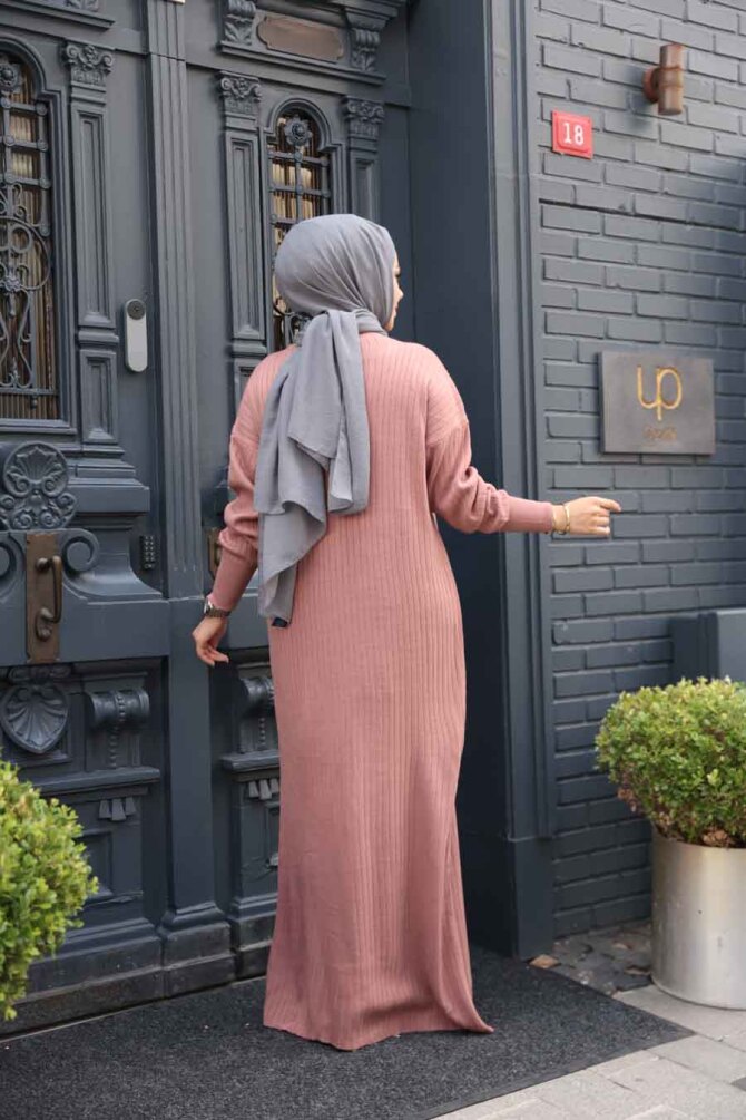 Fitilli Gül Kurusu Tesettür Triko Elbise 60481GK - 3