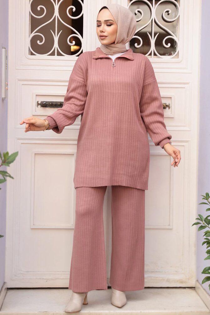 Fitilli Gül Kurusu Tesettür Triko İkili Takım 60381GK - 3