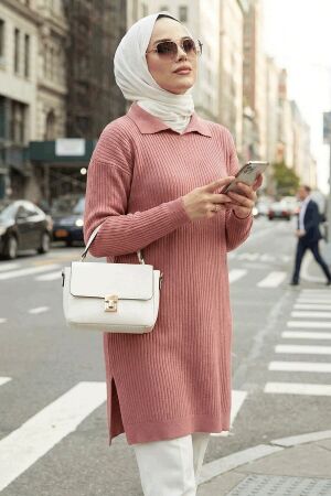 Fitilli Gül Kurusu Tesettür Triko Kazak Tunik 65903GK - NEVA STYLE