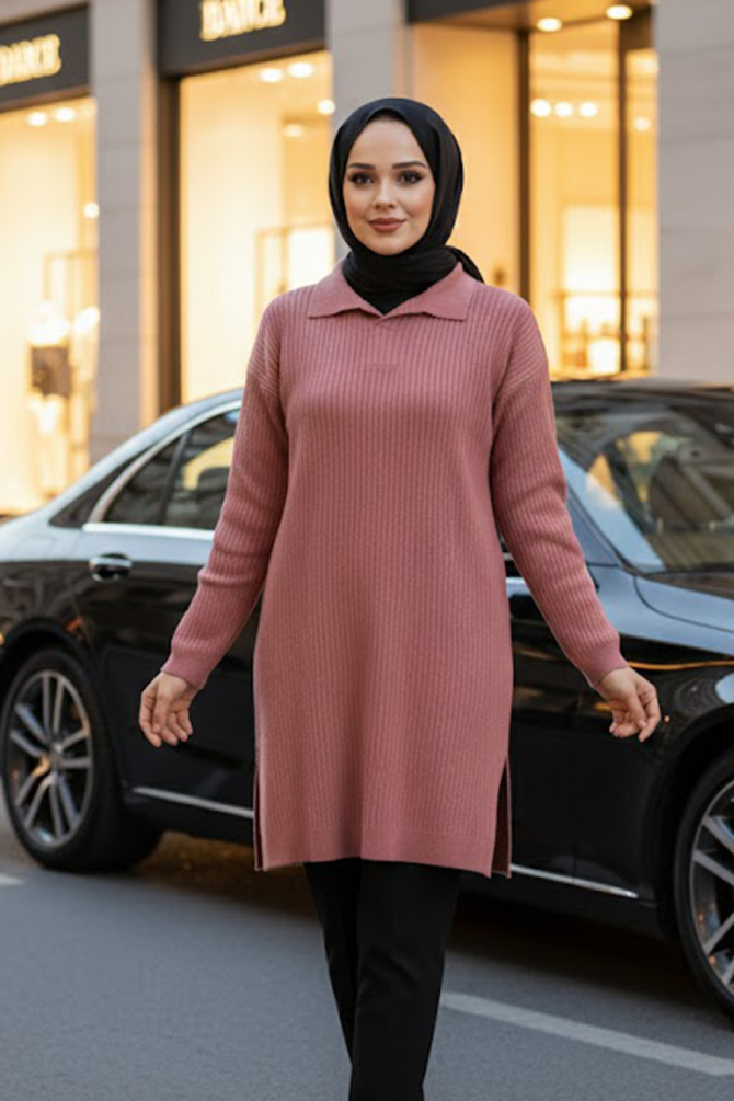 Fitilli Gül Kurusu Tesettür Triko Kazak Tunik 65903GK - 1