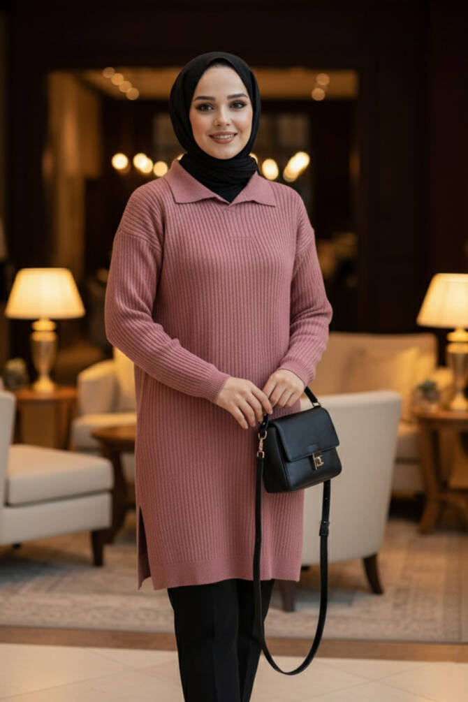 Fitilli Gül Kurusu Tesettür Triko Kazak Tunik 65903GK - 1