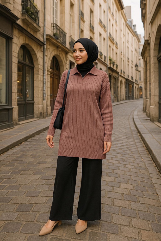 Fitilli Gül Kurusu Tesettür Triko Tunik 65903GK - 1