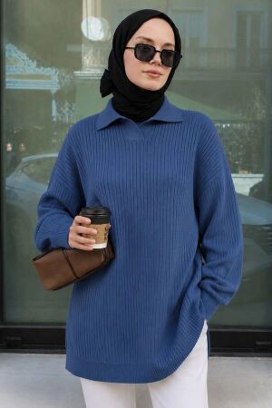Fitilli İndigo Mavisi Tesettür Triko Kazak Tunik 65903IM - N.S NEVA STYLE